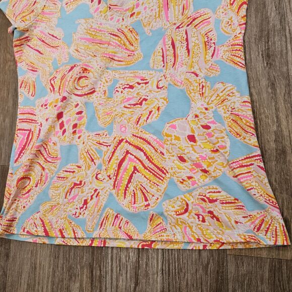 Lilly Pulitzer Etta Vneck Top Womens L Pink Blue Shells Tshirt Preppy Tropical - Picture 3 of 8